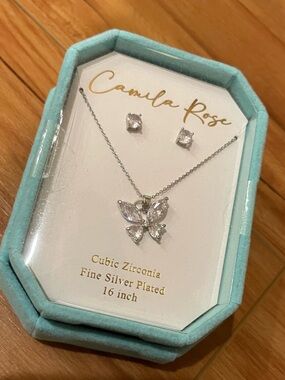 Silver Plated Butterfly Necklace and Stud Earrings Cubic Zirconia